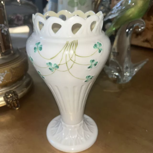 Belleek Irish Porcelain Shamrock With Wave Design Vase, 6th Mark 1965-1980