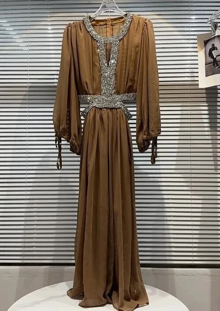 Italian Caramel Chiffon Crystal Cut Out Sides Petite Sized Maxi Dress XXS XS S