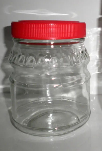 1960s VINT RETRO GLASS STORAGE JAR RED PLASTIC SCREW TOP LID