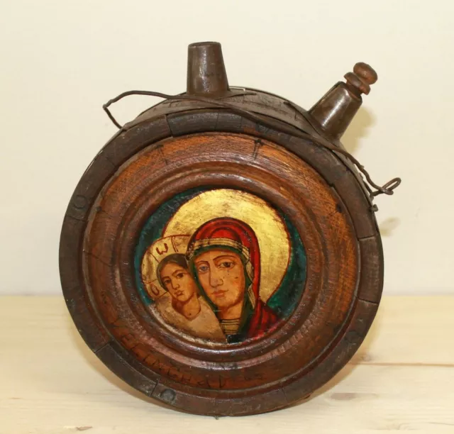 Vintage religious both side hand painted icon folk wooden wine keg barrel