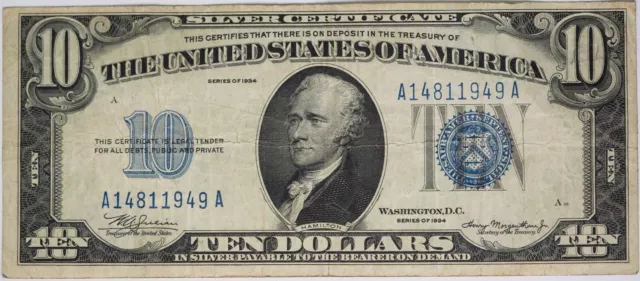 1934 Ten Dollar Blue Seal Note Silver Certificate Old US Bill $10 Money Currency