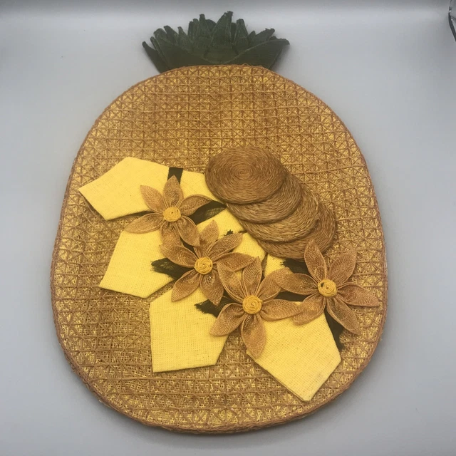 Juego de 4 postes de piña tejidos de colección de 4 posavasos servilletas flores Tiki