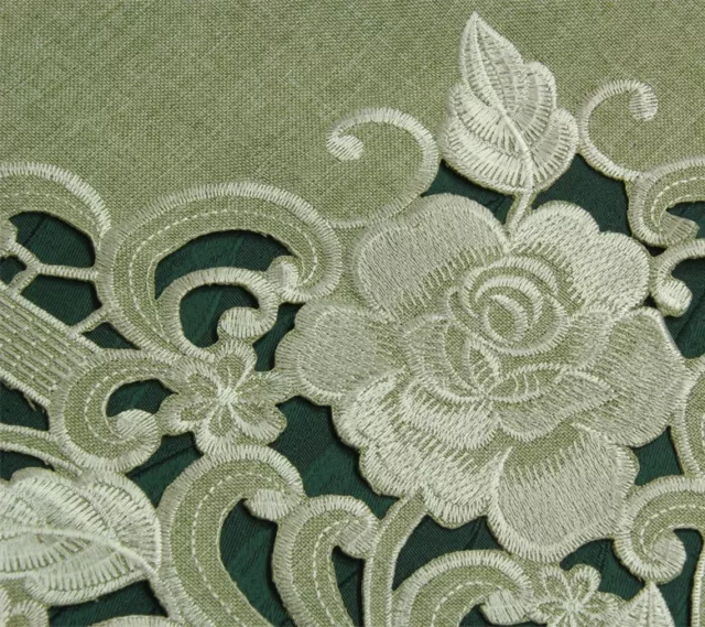 Rose Tablecloth Linen-look Table runner Doily Green-Beige with Flower Embroidery