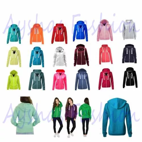 Ladies Womens Plain Zip Up Hoodie Sweatshirt Fleece Jacket Hooded Top UK 8 To 22