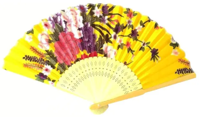 Traditional Colorful Floral Pattern Japanese Hand Held Folding Fan Yellow