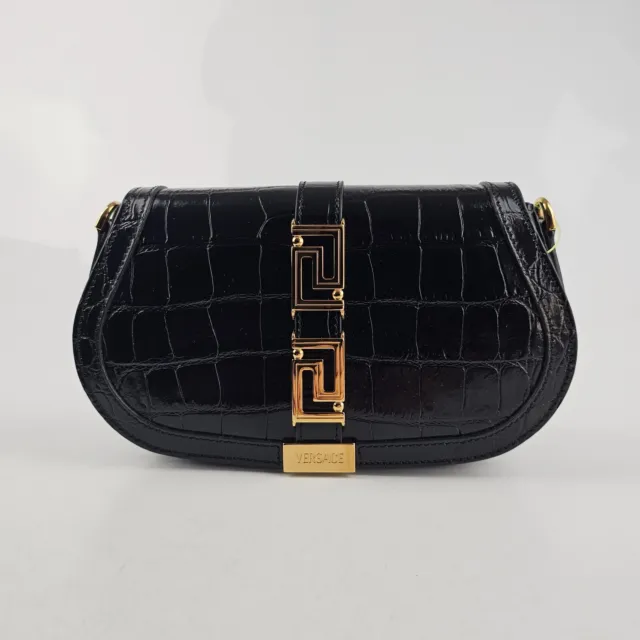 Versace Greca Goddess Medium Black Croc Embossed Leather Shoulder Bag New