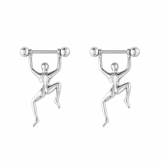 Nipple Shields Hang Man with Barbell Surgical Steel 14G- Sold as Pair