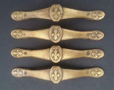 4 Ant. Vtg. Style French Fleur de Lis solid brass handles,  pulls, 5 5/8" w # P3