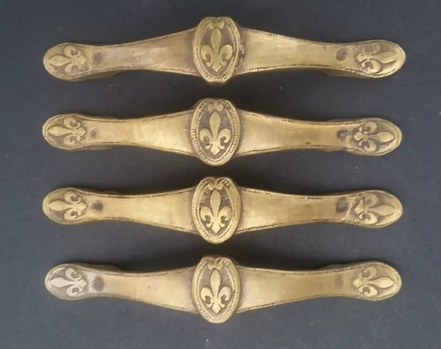 4 Ant. Vtg. Style French Fleur de Lis solid brass handles,  pulls, 5 5/8" w # P3