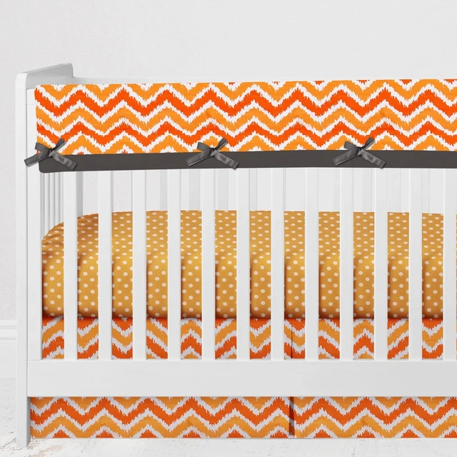 Crib Rail Guard Covers Cotton Mix N Match Ikat Chevron/Dots, Orange/Grey