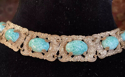 Vintage Art Deco Egyptian Revival Peking Glass & Ornate Stamped Brass Bracelet