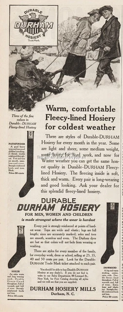 1918 Durham Hosiery Mills NC Socks Men Women Stockings Fashion Snow Sled Art Ad