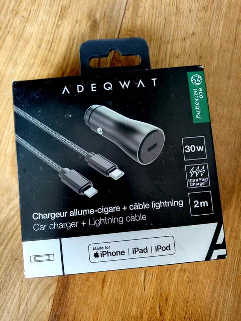 Chargeur Allume-Cigare ADEQWAT 30W USB-C +Cable Iightning 2M Charge Ultra Rapide