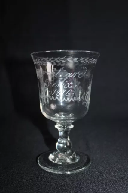 Ancien verre à pied gravé Eliard Félix 1876, forme tulipe, Napoléon III, h. 14.5