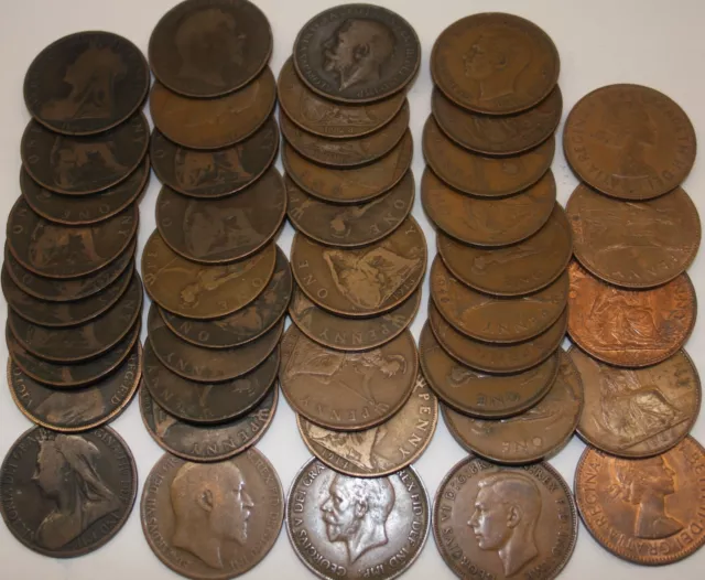 UK -GB 45 X 1880-1960s Large Penny Coins 10 each x V, EVII, GV, GVI & 5 x E Bulk