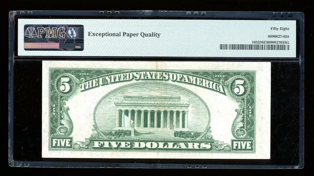 DBR 1934-B $5 Silver Fr. 1652 Vinson LA Block PMG 58 EPQ Serial L79716356A 2