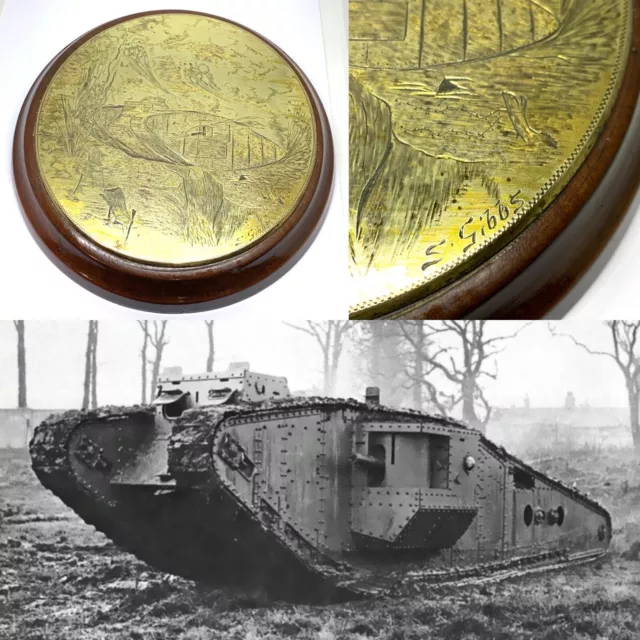 Superb WW1 Tank Signed Trench Art Engraved 8” Brass Plaque (c.1916)