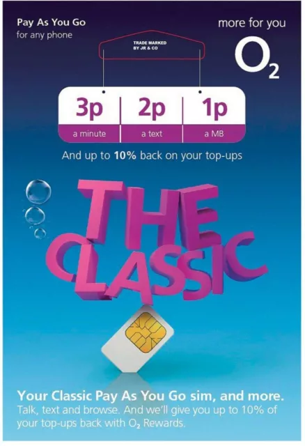 The Classic O2 Pay As You Go SIM card 3p per min, 2p per text 1p per Mb data