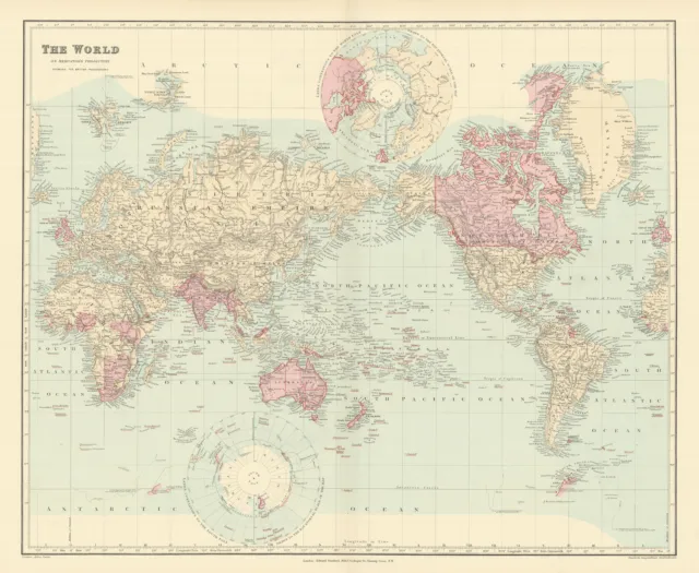 The World showing British Possessions/Empire in pink. 52x63cm. STANFORD 1894 map
