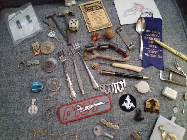 Vintage Junk Drawer Lot Jewelry Silverware Pins Old Pinbacks 1923 Bristol County