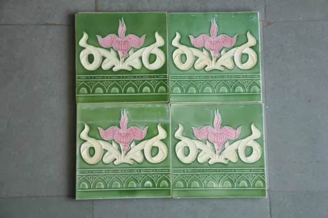 4 Pc Vintage Majolica Decorative Flower Art Nouveau Architecture Tiles,Japan