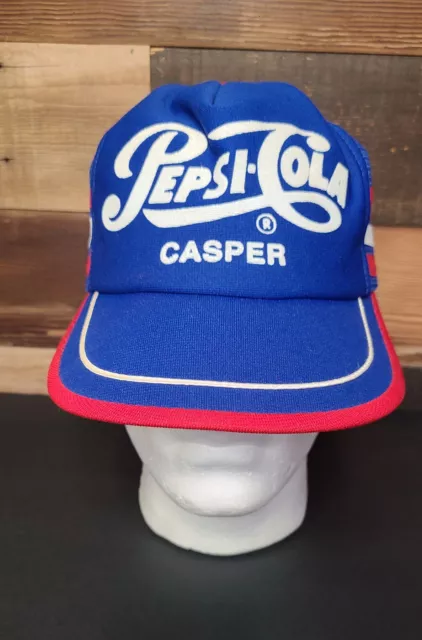 Vtg Pepsi Cola Casper Wyoming 3 Stripe Trucker Mesh Back Snapback Hat Soda Pop