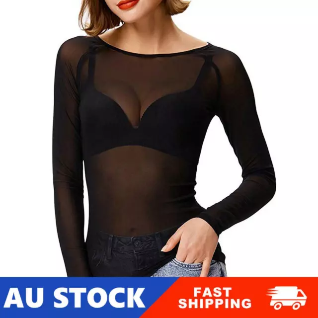 Women's Slim Sexy Sheer Tulle Mesh Tops Ladies Long Sleeve See-through Blouse&