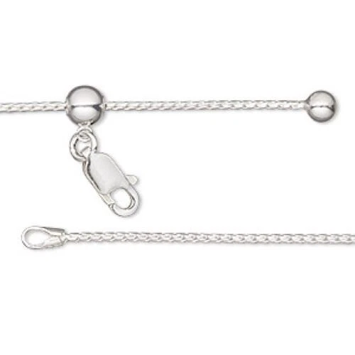 Cadena, Gossamer¢, plata esterlina, cola de zorro de 1 mm con bola de 4 mm y cuenta deslizante de 5 mm