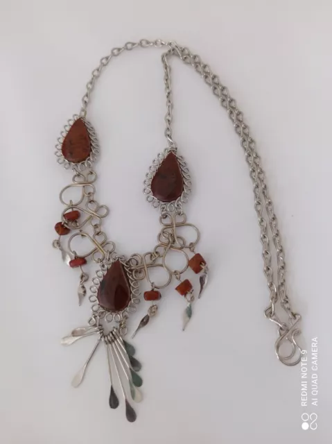 Peru Ethnic Tiger's Eye Gemstone Handmade Silver Tone Collar Y Necklace-Tassel