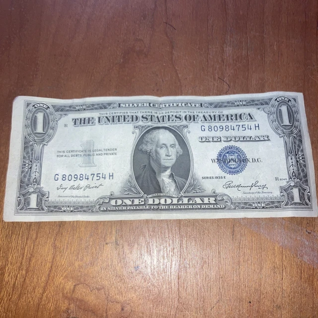 One Silver Certificate Dollar Bill Series 1935 E Blue Seal $1 R G Vtg USA Cut