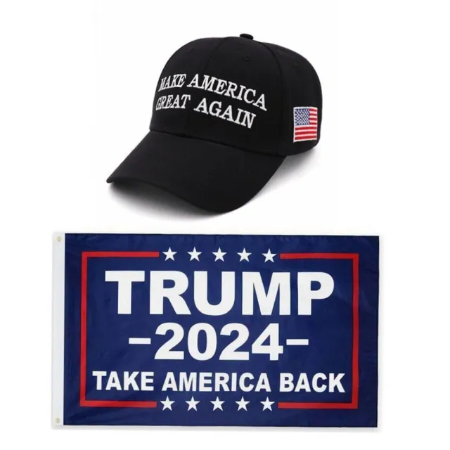 Flag + 2024 MAGA Make America Great Again President Donald Trump Hat Cap