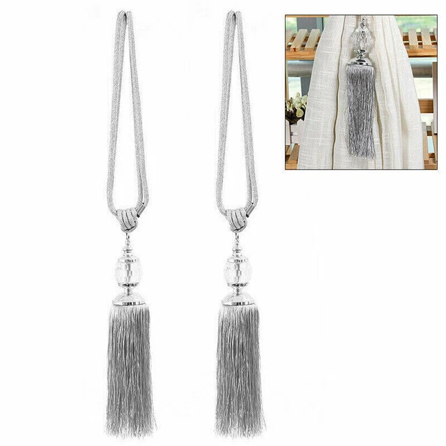 2X Curtain Holdbacks Rope Tie Backs Tiebacks Tassel Beaded Ball Decor Grey NSY