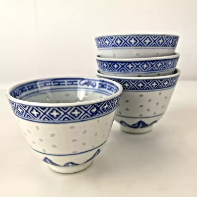 LOT 4 RICE GRAIN EYES TEA CUPS Blue White Porcelain China Saki Tea Set Decor