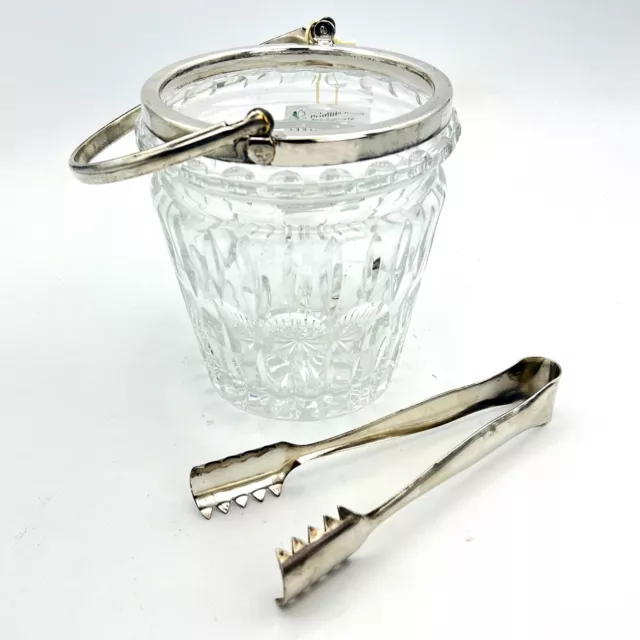 Secchiello portaghiaccio vintage in argento placcato vetro molato cestello pinza