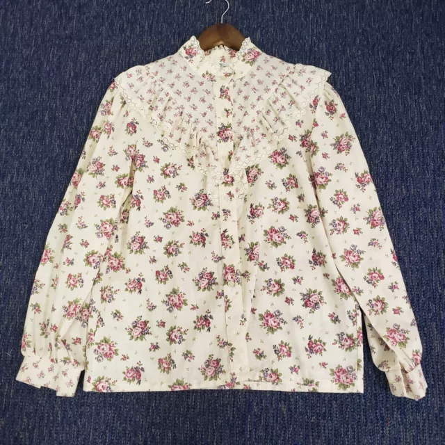 Vintage Lucky Winner Womens Floral Button Front Top Size 14 White Long Sleeve