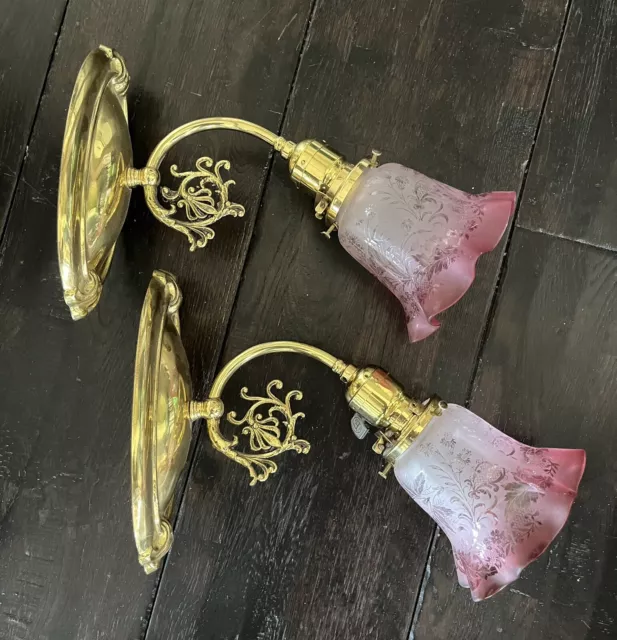 Pair Of Restored Victorian Sconces With Original Clear To Cranberry Shades