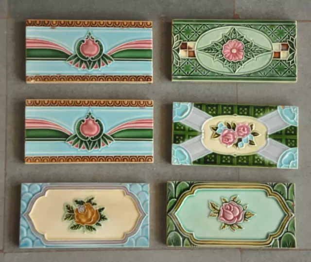 6 Pc Vintage Colorful Different Flower Embossed Ceramic Tiles,Japan