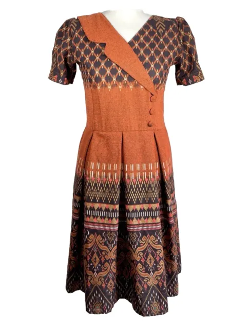 Vintage 60s 70s Dress Orange Black Pattern Wool Linen Mix Fits UK 8-10