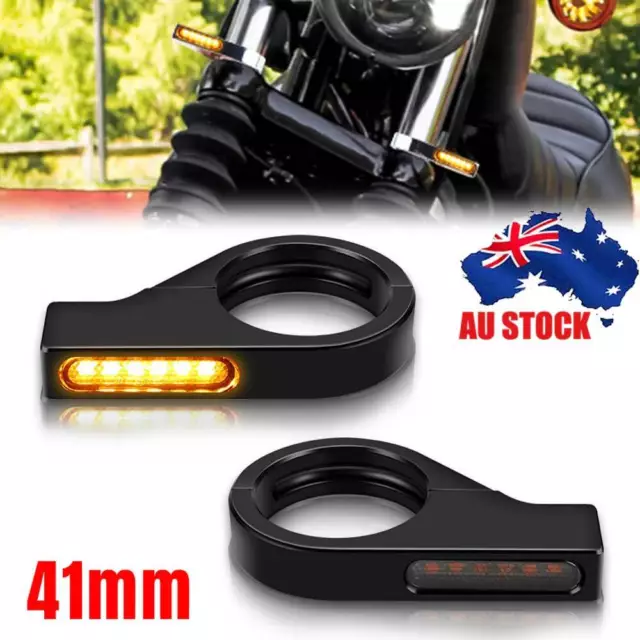 2x Motorcycle 41mm Fork Tubes Clamp Indicators Amber LED Turn Signal Light Black