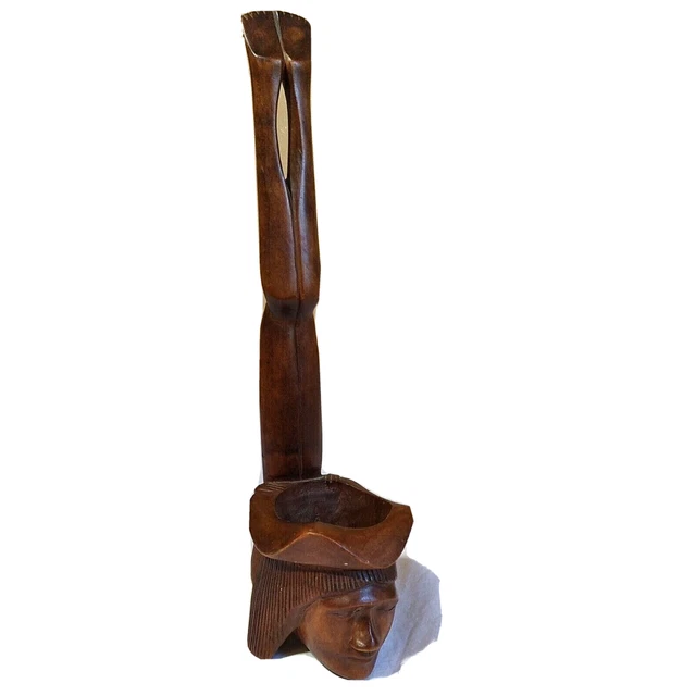 Carved Wooden Ladle Indonesian Island Tribal Face and Diver Diving handle