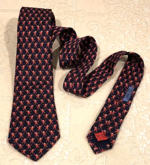 BATTISTONI ROMA Silk Tie Dark Blue with Red Monkeys-Novelty Design 2 3/4" x 61"