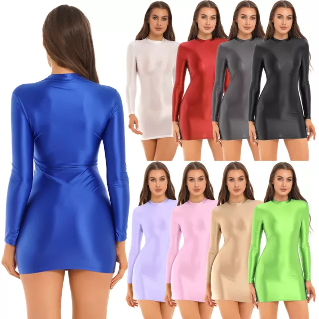 Womens Sexy Oil Glossy Shiny Bodycon Dress Tight Pencil Dresses Smooth Nightwear