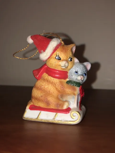 Cats, Kittens on Sled Vintage Christmas Ornament Bell 3" Tall JSNY (C-11)