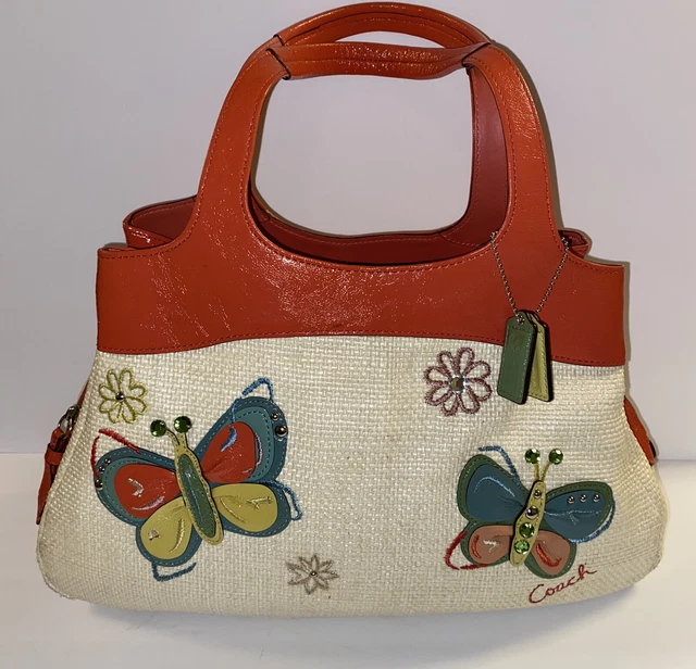 COACH LEXI Butterfly Flowers Natural Straw Coral Leather Large Tote Satchel Bag