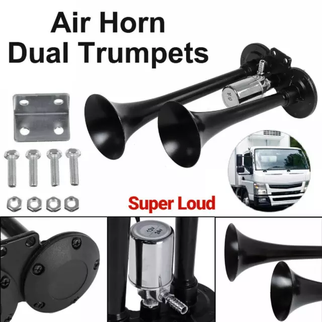 12/24V Car Boat Truck Lorry Super Loud Speaker Dual Trumpet Air Horn Compressor