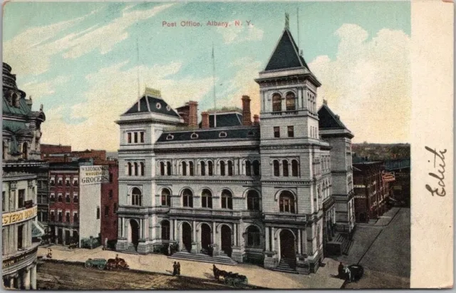Vintage 1910s ALBANY, New York Postcard "Post Office" Building / Street View