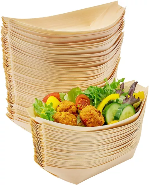 100 Einwegschalen (21cm) Holz Bambus Boot Tapas Fingerfood Biologisch Abbaubar