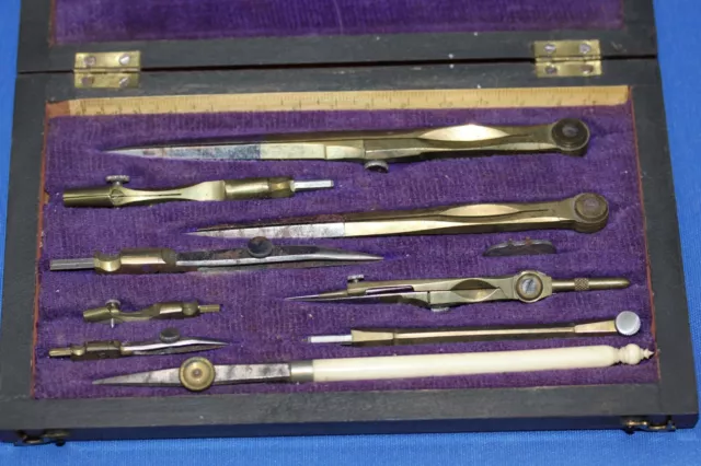 Antique Old Cased Drafting Tools Set Drawing Instruments