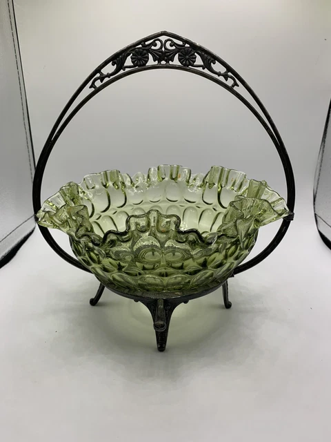 Vintage Silverplate Meriden B Inc, Brides Basket Holder With Fenton Thumbprint