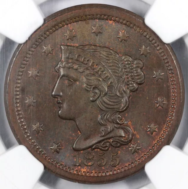 1855 1c Upright 55 Braided Hair Large Cent NGC MS 65 BN